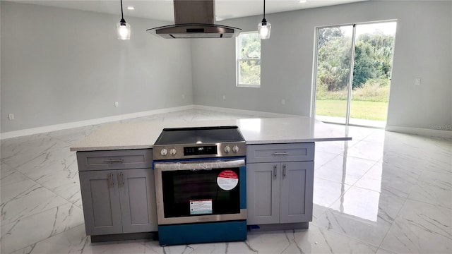 kitchen with gray cabinetry, hanging light fixtures, electric range, light stone counters, and island exhaust hood