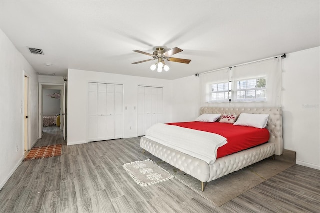 bedroom featuring ceiling fan, wood-type flooring, and two closets