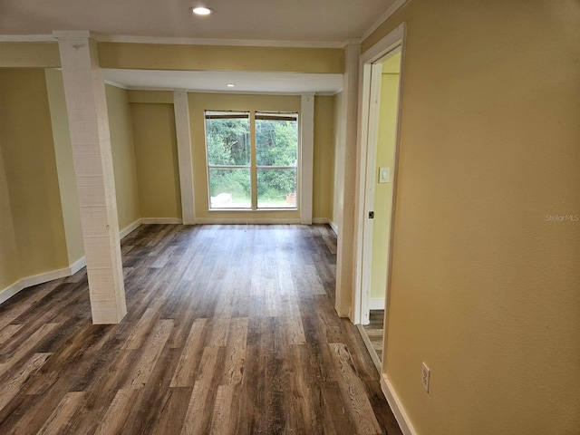 interior space with crown molding and dark wood-type flooring