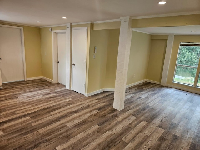 interior space with dark hardwood / wood-style floors and crown molding