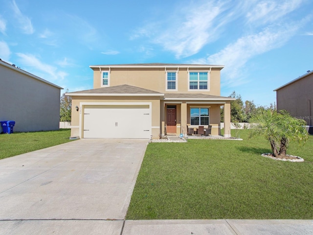 view of front of home with a garage, a front lawn, and a porch