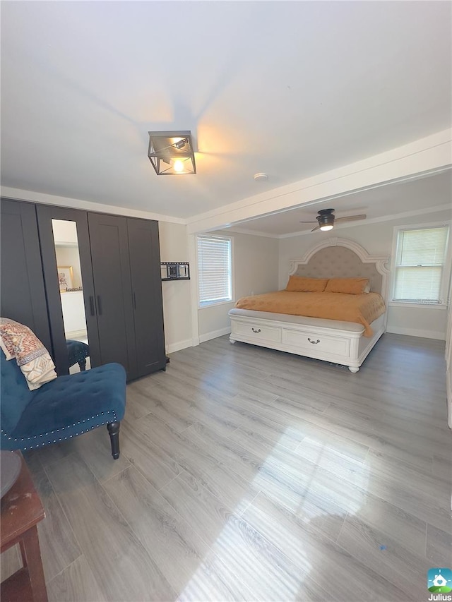 bedroom with multiple windows, crown molding, and light hardwood / wood-style flooring