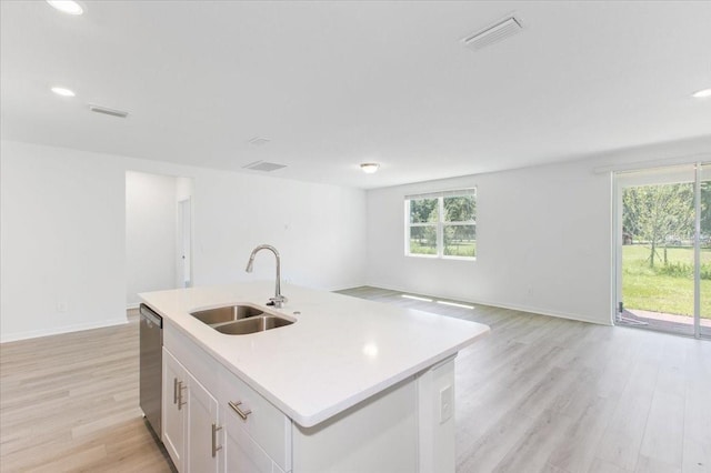 kitchen with white cabinets, a healthy amount of sunlight, sink, and a kitchen island with sink