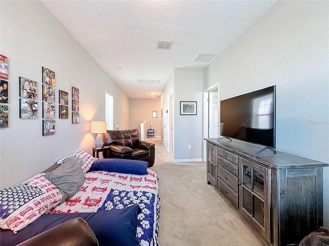 carpeted living room with a textured ceiling