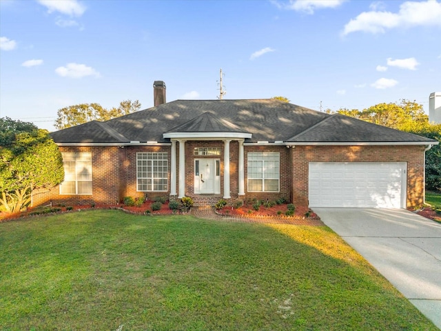 ranch-style house with a front lawn and a garage