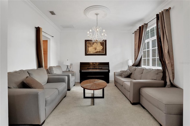 carpeted living room featuring a notable chandelier, plenty of natural light, and crown molding