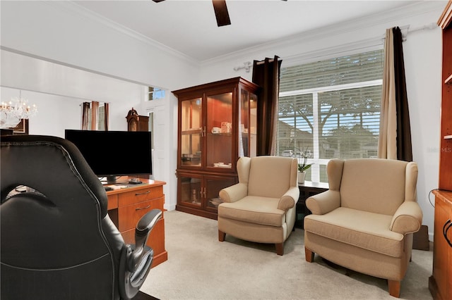 carpeted office featuring crown molding and ceiling fan with notable chandelier