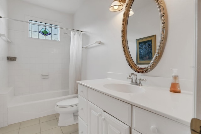 full bathroom featuring tile patterned flooring, vanity, toilet, and shower / tub combo with curtain