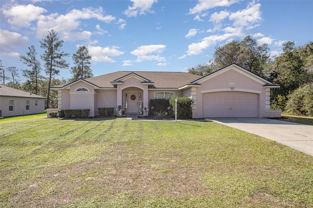 ranch-style house with a garage and a front yard