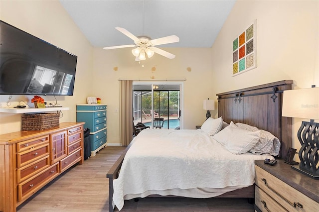 bedroom with access to exterior, light wood-type flooring, ceiling fan, and lofted ceiling