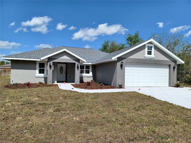 single story home with an attached garage, a front lawn, roof with shingles, stucco siding, and driveway