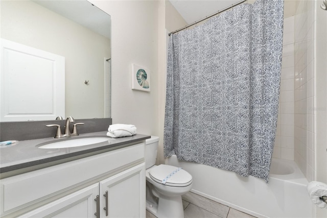 full bathroom with toilet, vanity, tile patterned floors, and shower / tub combo with curtain