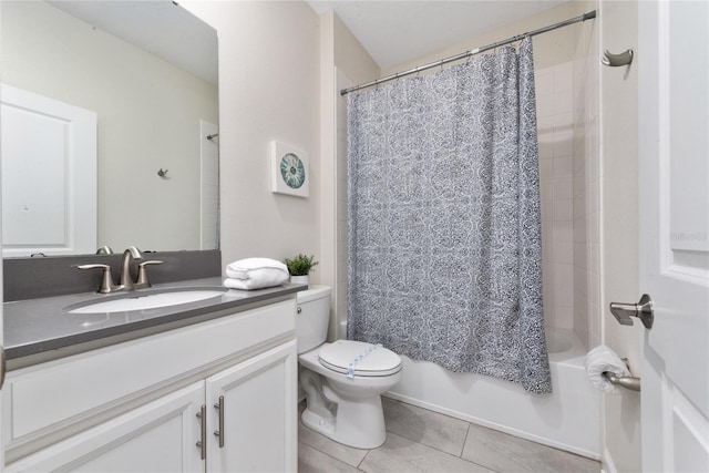 full bathroom with toilet, shower / tub combo, vanity, and tile patterned floors