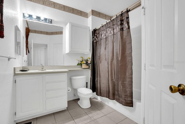 full bathroom with toilet, vanity, tile patterned floors, and shower / bathtub combination with curtain