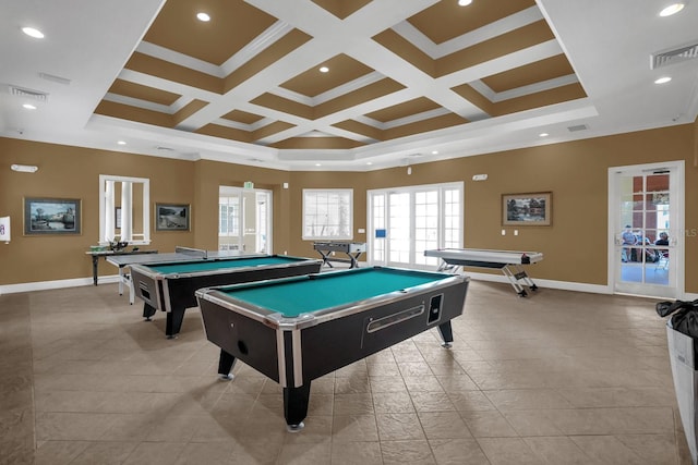 rec room with coffered ceiling, beamed ceiling, billiards, and ornamental molding