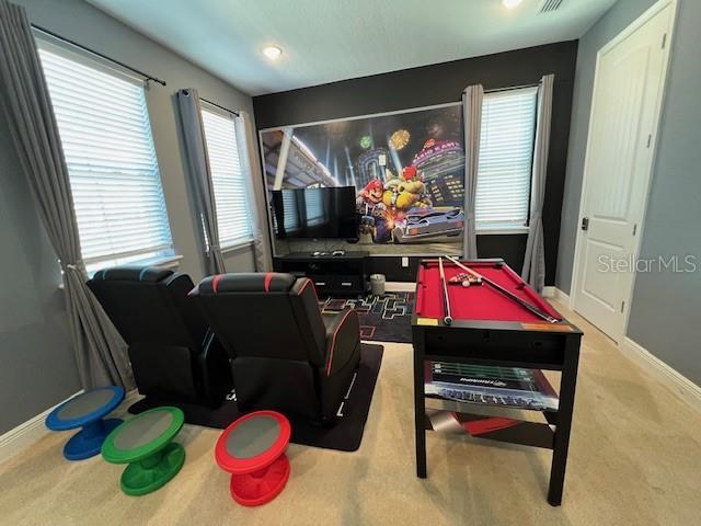 recreation room featuring billiards, carpet flooring, and baseboards