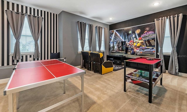 playroom featuring recessed lighting, pool table, carpet flooring, and baseboards