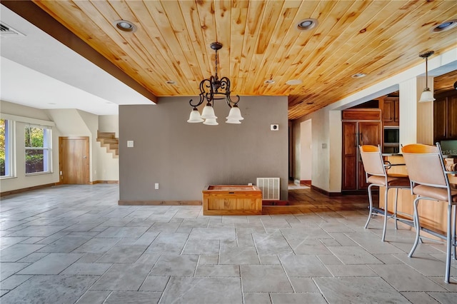 unfurnished dining area with a chandelier and wood ceiling