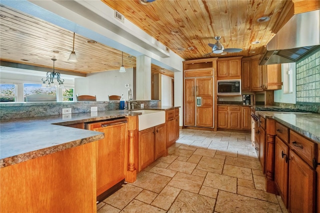 kitchen with pendant lighting, wooden ceiling, ventilation hood, sink, and built in appliances