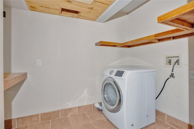 laundry room featuring washer / dryer, wood ceiling, and light tile patterned floors