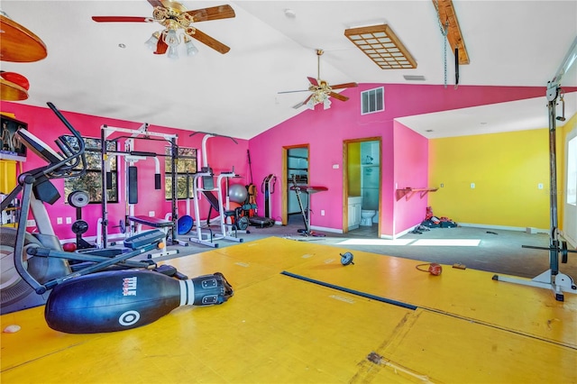 gym featuring ceiling fan, carpet floors, and high vaulted ceiling