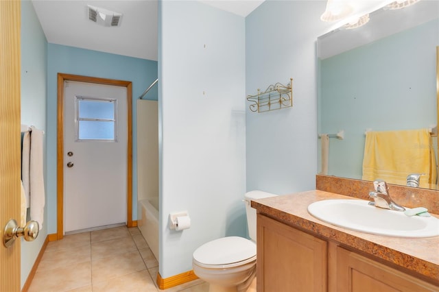 full bathroom with bathtub / shower combination, vanity, toilet, and tile patterned flooring