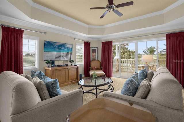 living room with a healthy amount of sunlight, crown molding, and a tray ceiling