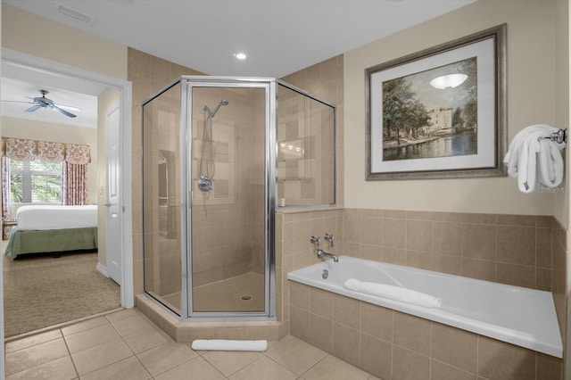 bathroom featuring shower with separate bathtub, tile patterned floors, and ceiling fan