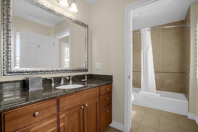 full bathroom featuring vanity, tile patterned flooring, shower / bath combo, and toilet