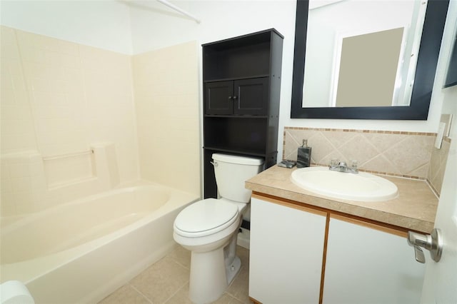 full bathroom with toilet, tile patterned flooring, vanity, backsplash, and bathtub / shower combination