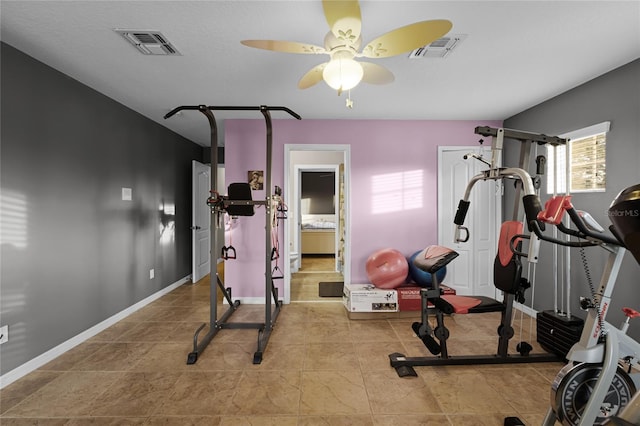 exercise room featuring ceiling fan