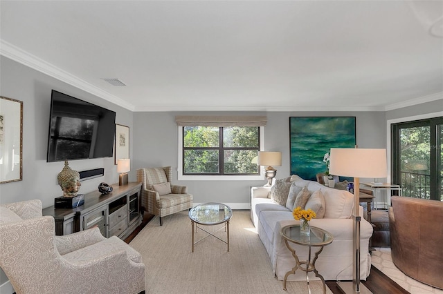 living room with a wealth of natural light and crown molding