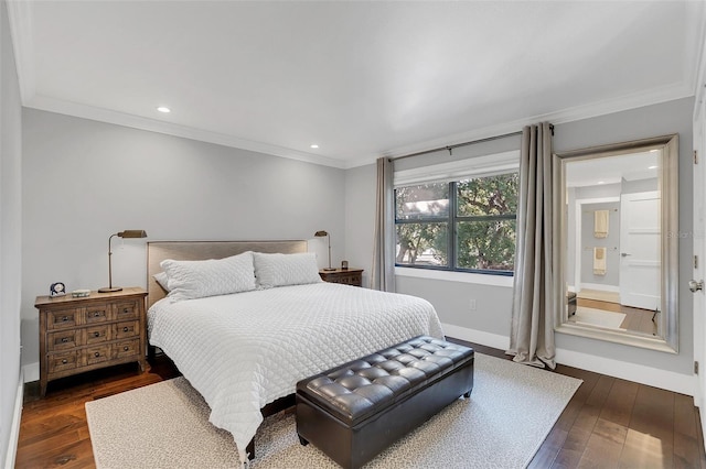 bedroom with crown molding and dark wood-type flooring