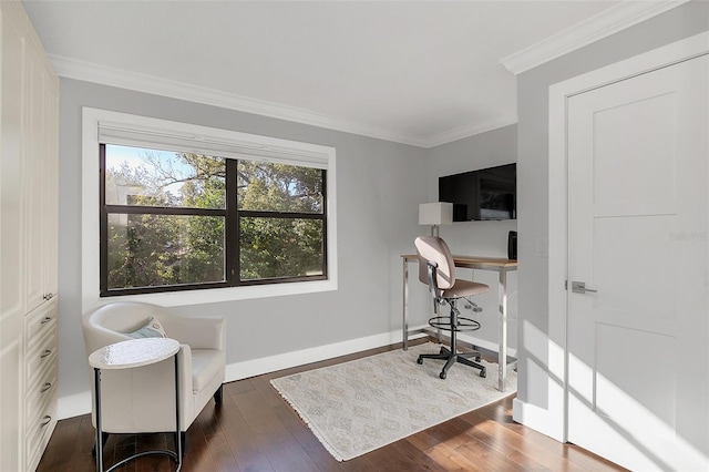 office area featuring dark hardwood / wood-style flooring and ornamental molding