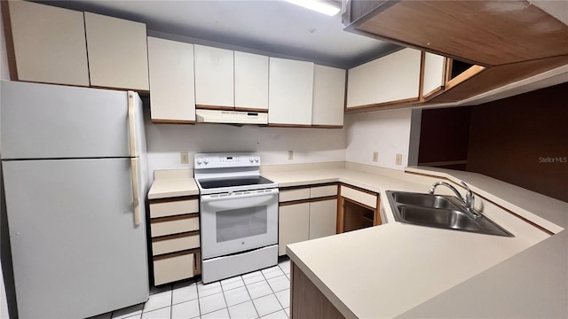 kitchen with white cabinetry, white appliances, light tile patterned floors, sink, and kitchen peninsula