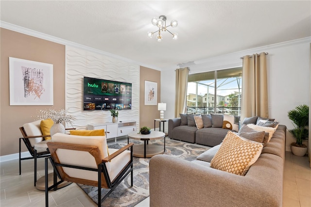 tiled living room featuring crown molding and an inviting chandelier