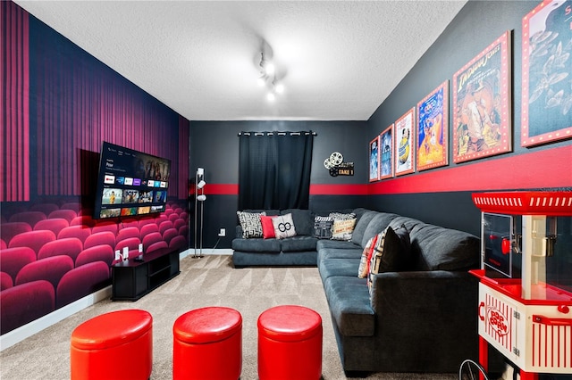 carpeted living room featuring a textured ceiling