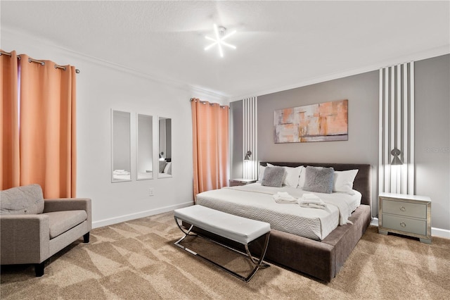 bedroom featuring light colored carpet and ornamental molding