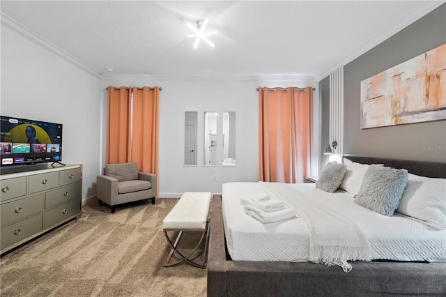 bedroom featuring crown molding and light carpet