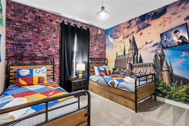 carpeted bedroom with brick wall