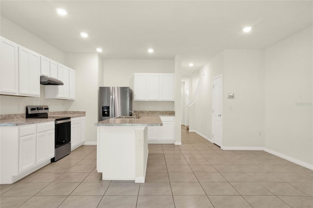 kitchen with stainless steel appliances, a center island with sink, and white cabinets