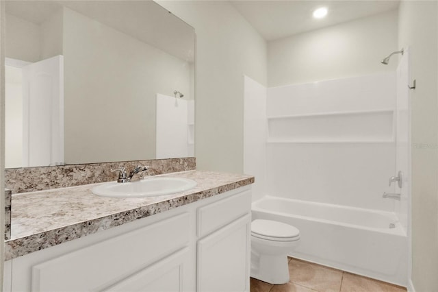 full bathroom with toilet, vanity, shower / tub combination, and tile patterned floors