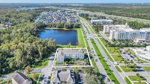 aerial view featuring a water view