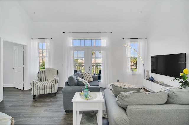 living room featuring dark wood-type flooring, a high ceiling, and french doors