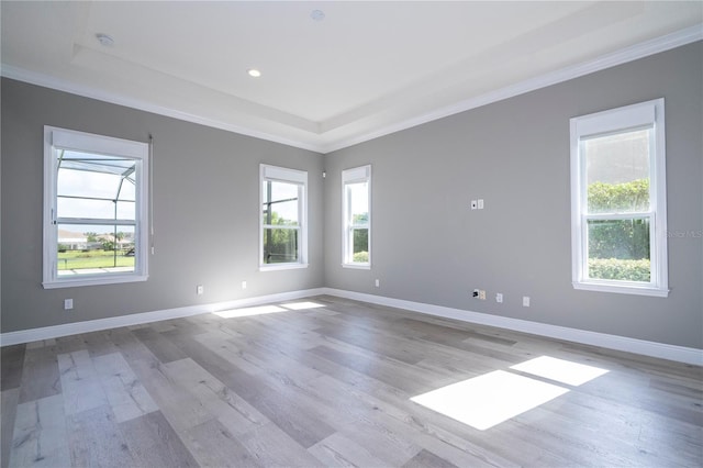 unfurnished room with crown molding and light wood-type flooring