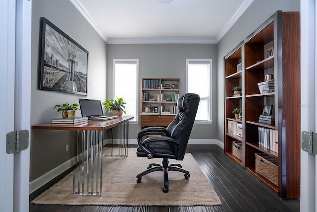 office area featuring crown molding, a wealth of natural light, and dark wood-type flooring