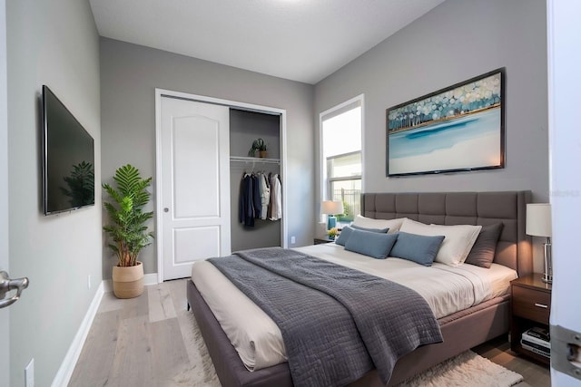 bedroom with hardwood / wood-style flooring and a closet