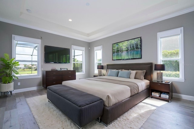 bedroom featuring light wood-type flooring, a raised ceiling, multiple windows, and ornamental molding