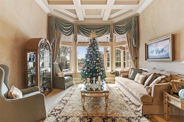 interior space featuring beamed ceiling, a towering ceiling, ornamental molding, and coffered ceiling