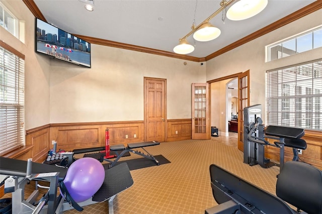 exercise area featuring carpet and crown molding